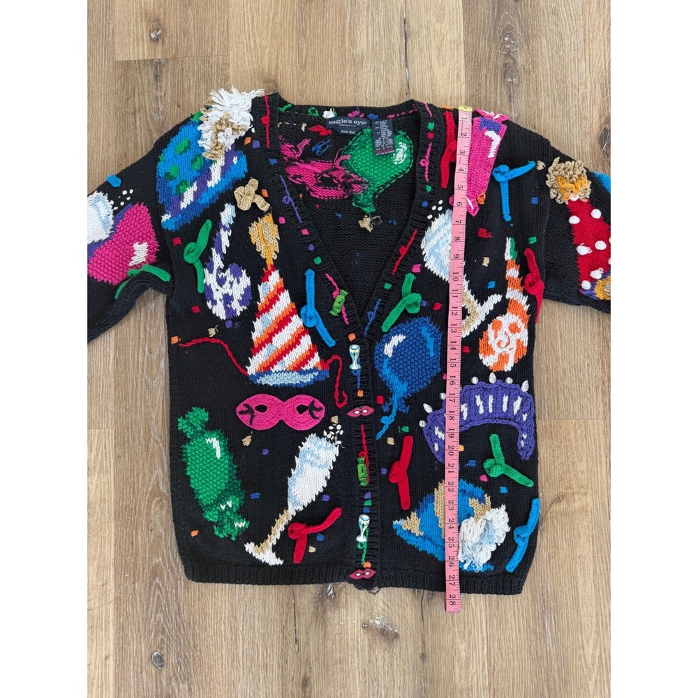 Eagle's Eye Vintage 1994 New Year Party Cardigan Women S Black Hand Knit Novelty - Picture 7 of 9
